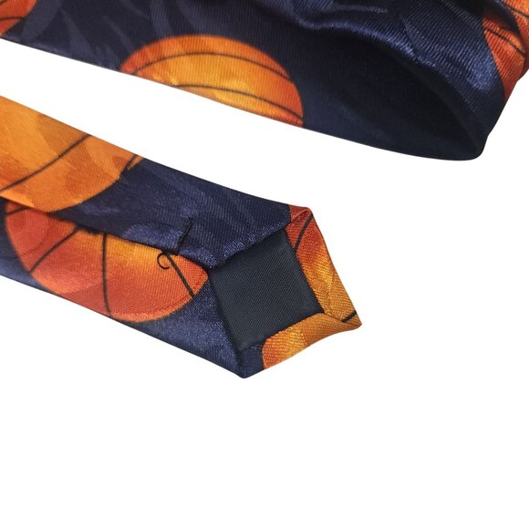 Basketball-Themed Silk Tie  Orange Basketball Design On Navy & Gold Background - Picture 4 of 7